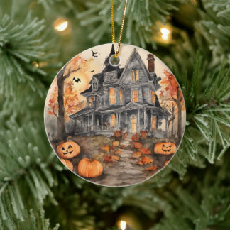 AI Gegenereerd Spooky Oud Huis Halloween Keramisch Ornament