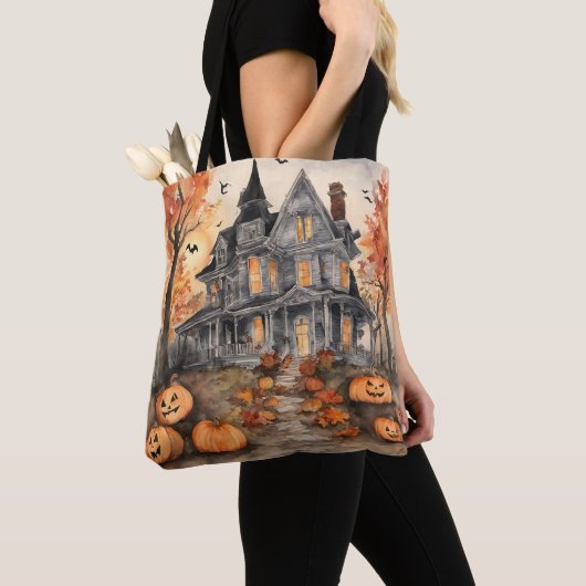AI Gegenereerd Spooky Oud Huis Halloween Tote Bag (Dichtbij)
