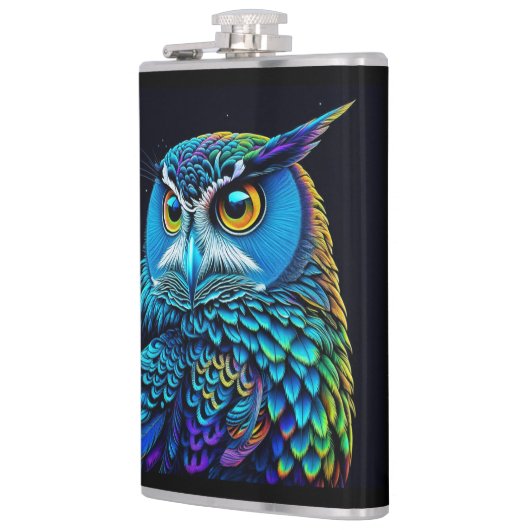 AI gegenereerde kleurrijke Uil Heupfles (Links)