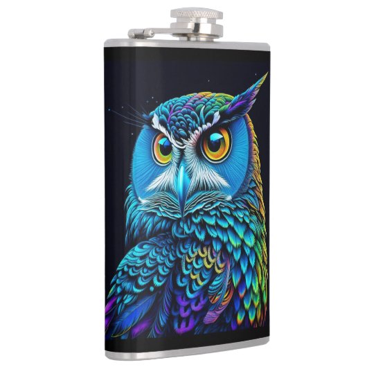 AI gegenereerde kleurrijke Uil Heupfles (Rechts)