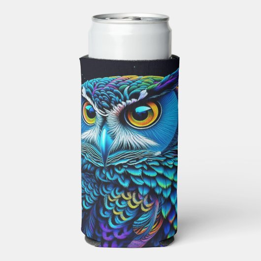 AI gegenereerde kleurrijke Uil Seltzer Blikjeskoeler (Seltzer Achterkant)