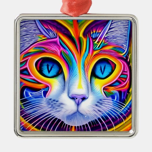 AI Generated Artsy Cool Blue Eyed Abstract Cat Metalen Ornament (Voorkant)