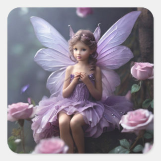 AI Generated Fairy in een tuin van Rozen Vierkante Sticker
