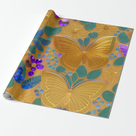AI Generated - Golden Butterflies Decorative Art Cadeaupapier (Uitgerold)