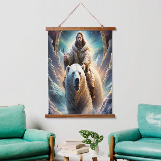 (AI Generated) Jesus op een polair beer Poster Hangend Wandkleed (Woonkamer)