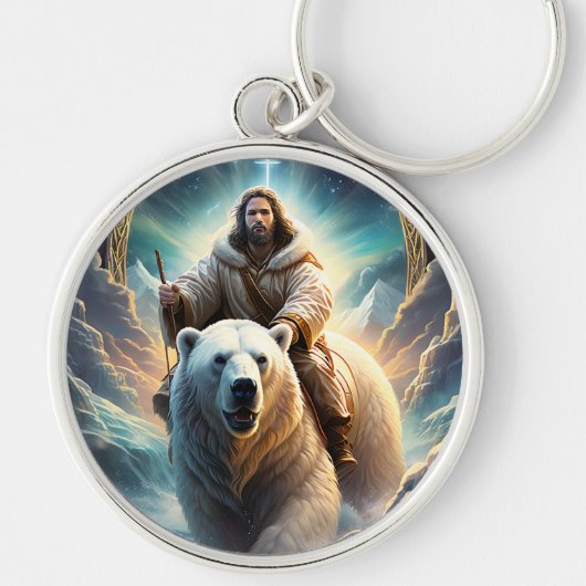 (AI Generated) Jesus op een polair beer Sleutelhanger (Voorkant)