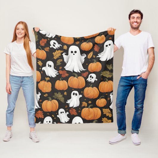 AI genereerde Ghost en Pumpkin Halloween Fleece Deken (In situ)