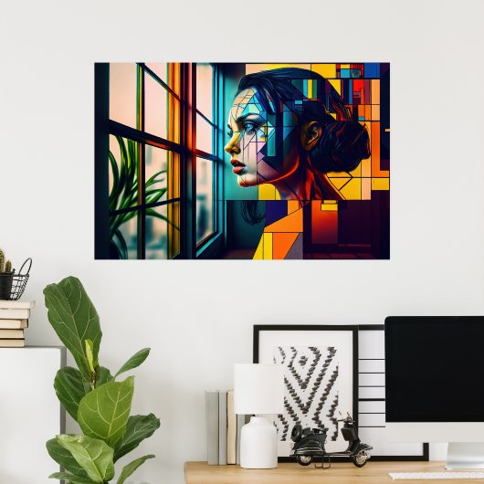 Ai genereerde mysterieuze vrouw als moderne kunst poster (Thuiskantoor)