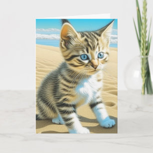 AI Grey Tabby Kitten Spelen op een strand Kaart