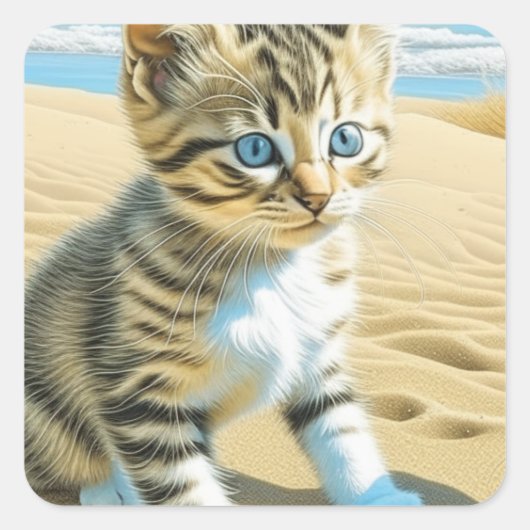 AI Grey Tabby Kitten Spelen op een strand Vierkante Sticker (Voorkant)