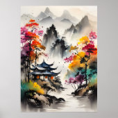 AI Inkttekening landschap Poster (Voorkant)