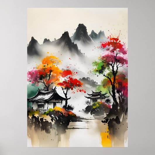 AI Inkttekening landschap Poster (Voorkant)