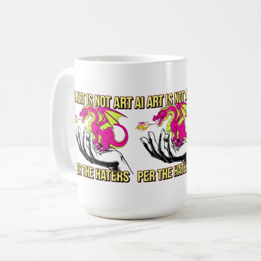 AI-kunst is geen kunst per de drakenhaters Koffiemok (Voorkant links)