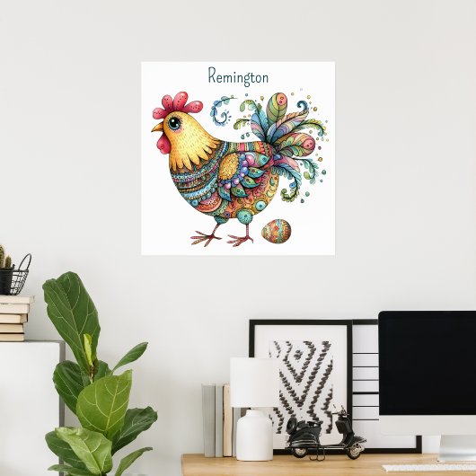 AI Nursery Art Folk Art Style kip en ei Poster (Thuiskantoor)