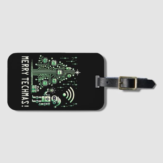 AI-robot met Tech Christmas Tree - Vrolijke Techma Bagagelabel (Voorkant (horizontaal))
