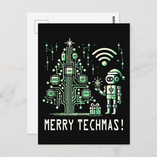 AI-robot met Tech Christmas Tree - Vrolijke Techma Briefkaart (Voorkant / Achterkant)