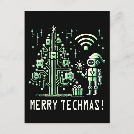 AI-robot met Tech Christmas Tree - Vrolijke Techma Briefkaart (Voorkant)