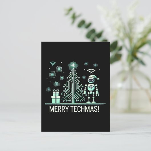 AI-robot met Tech Christmas Tree - Vrolijke Techma Briefkaart (Staand voorkant)