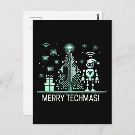 AI-robot met Tech Christmas Tree - Vrolijke Techma Briefkaart (Voorkant / Achterkant)