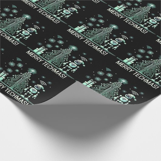 AI-robot met Tech Christmas Tree - Vrolijke Techma Cadeaupapier (Hoek)