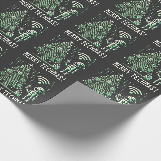 AI-robot met Tech Christmas Tree - Vrolijke Techma Cadeaupapier (Hoek)
