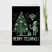AI-robot met Tech Christmas Tree - Vrolijke Techma Folie Wenskaart (Voorkant)