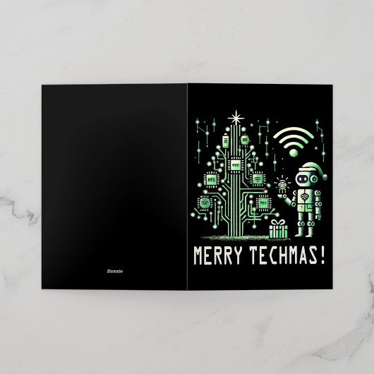 AI-robot met Tech Christmas Tree - Vrolijke Techma Folie Wenskaart (Buiten Laag)