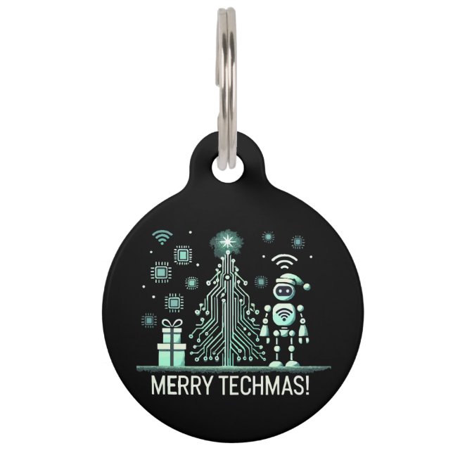 AI-robot met Tech Christmas Tree - Vrolijke Techma Huisdierpenning (Voorkant)