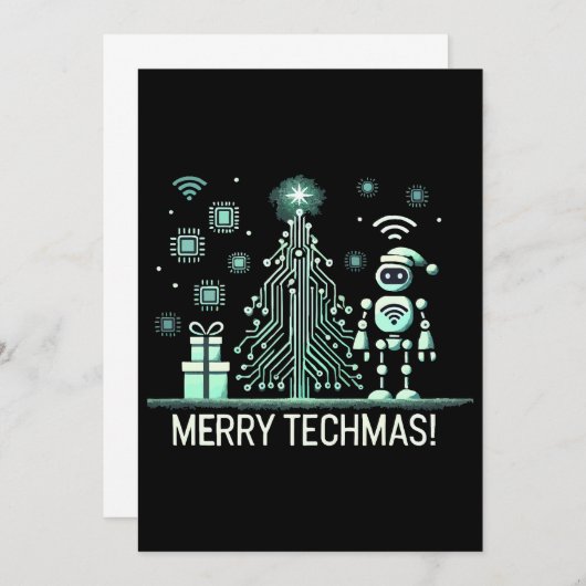 AI-robot met Tech Christmas Tree - Vrolijke Techma Kaart (Voorkant / Achterkant)