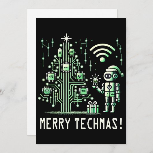 AI-robot met Tech Christmas Tree - Vrolijke Techma Kaart (Voorkant / Achterkant)