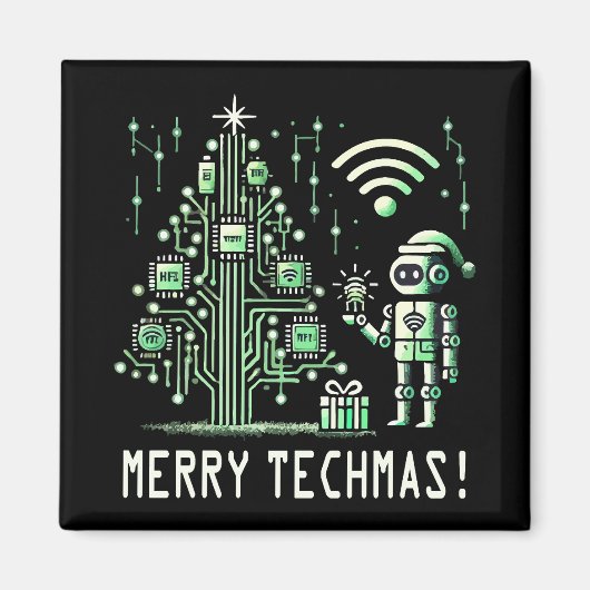 AI-robot met Tech Christmas Tree - Vrolijke Techma Magneet (Voorkant)