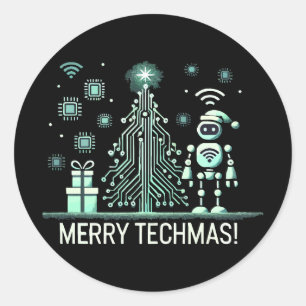 AI-robot met Tech Christmas Tree - Vrolijke Techma Ronde Sticker