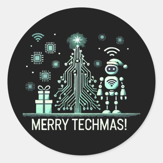 AI-robot met Tech Christmas Tree - Vrolijke Techma Ronde Sticker (Voorkant)
