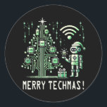 AI-robot met Tech Christmas Tree - Vrolijke Techma Ronde Sticker<br><div class="desc">Vier de feestdagen met een technische twist! Dit ontwerp is voorzien van een AI-aangedreven robot die naast een futuristische kerstboom staat die is gemaakt van circuits en chips. Perfect voor tech liefhebbers en degenen die graag combineren vakantie geest met cutting-edge technologie.</div>