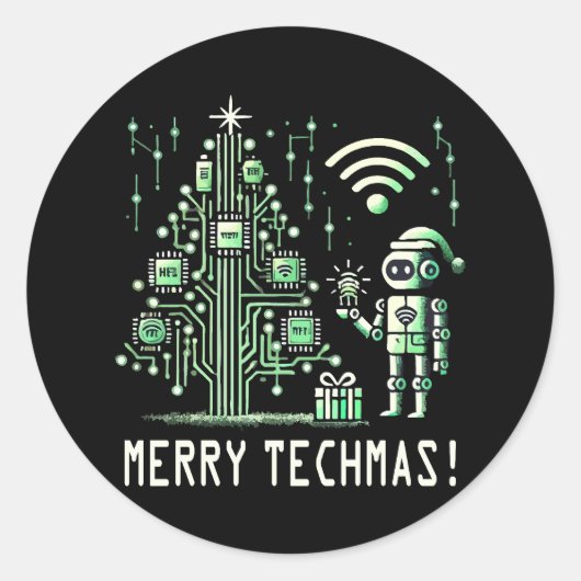 AI-robot met Tech Christmas Tree - Vrolijke Techma Ronde Sticker (Voorkant)