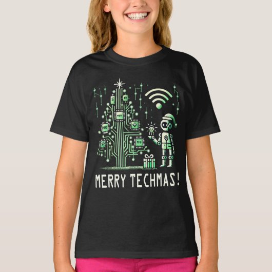 AI-robot met Tech Christmas Tree - Vrolijke Techma T-shirt (Voorkant)