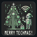 AI-robot met Tech Christmas Tree - Vrolijke Techma Vierkante Sticker<br><div class="desc">Vier de feestdagen met een technische twist! Dit ontwerp is voorzien van een AI-aangedreven robot die naast een futuristische kerstboom staat die is gemaakt van circuits en chips. Perfect voor tech liefhebbers en degenen die graag combineren vakantie geest met cutting-edge technologie.</div>