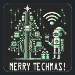 AI-robot met Tech Christmas Tree - Vrolijke Techma Vierkante Sticker<br><div class="desc">Vier de feestdagen met een technische twist! Dit ontwerp is voorzien van een AI-aangedreven robot die naast een futuristische kerstboom staat die is gemaakt van circuits en chips. Perfect voor tech liefhebbers en degenen die graag combineren vakantie geest met cutting-edge technologie.</div>