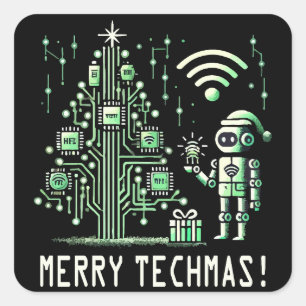 AI-robot met Tech Christmas Tree - Vrolijke Techma Vierkante Sticker
