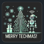 AI-robot met Tech Christmas Tree - Vrolijke Techma Vierkante Sticker<br><div class="desc">Vier de feestdagen met een technische twist! Dit ontwerp is voorzien van een AI-aangedreven robot die naast een futuristische kerstboom staat die is gemaakt van circuits en chips. Perfect voor tech liefhebbers en degenen die graag combineren vakantie geest met cutting-edge technologie.</div>