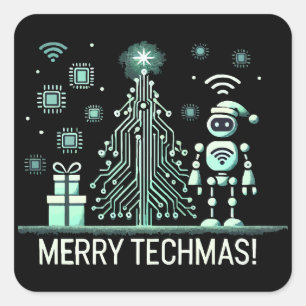 AI-robot met Tech Christmas Tree - Vrolijke Techma Vierkante Sticker