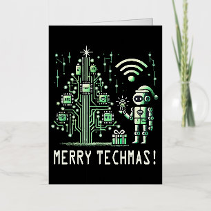AI-robot met Tech Kerstboom – Gelukkig Techmas Folie Wenskaart