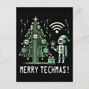 AI-robot met tech kerstboom – vrolijk techmas Briefkaart
