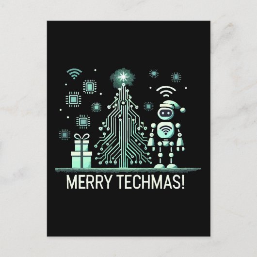 AI-robot met tech kerstboom – vrolijk techmas Briefkaart (Voorkant)