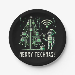 AI-robot met tech kerstboom – vrolijk techmas Papieren Bordje