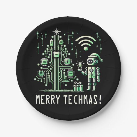 AI-robot met tech kerstboom – vrolijk techmas Papieren Bordje (Voorkant)