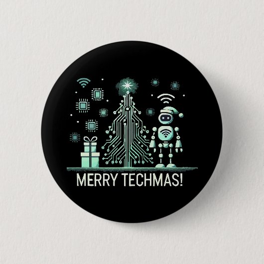 AI-robot met tech kerstboom – vrolijk techmas Ronde Button 5,7 Cm (Voorkant)