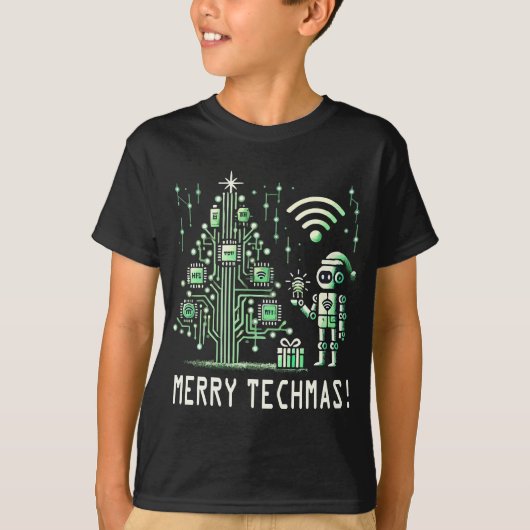 AI-robot met tech kerstboom – vrolijk techmas T-shirt (Voorkant)