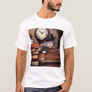 AI-stoompunkkat in een hoed met boeken T-shirt