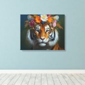 AI Tijger met bloemen Canvas Afdruk (Insitu (Houten vloer))